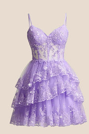 Lavender Appliques Straps Short Ruffle Dress
