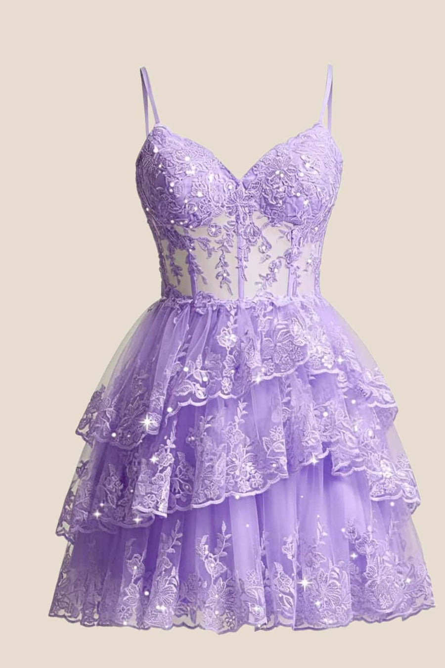 Lavender Appliques Straps Short Ruffle Dress