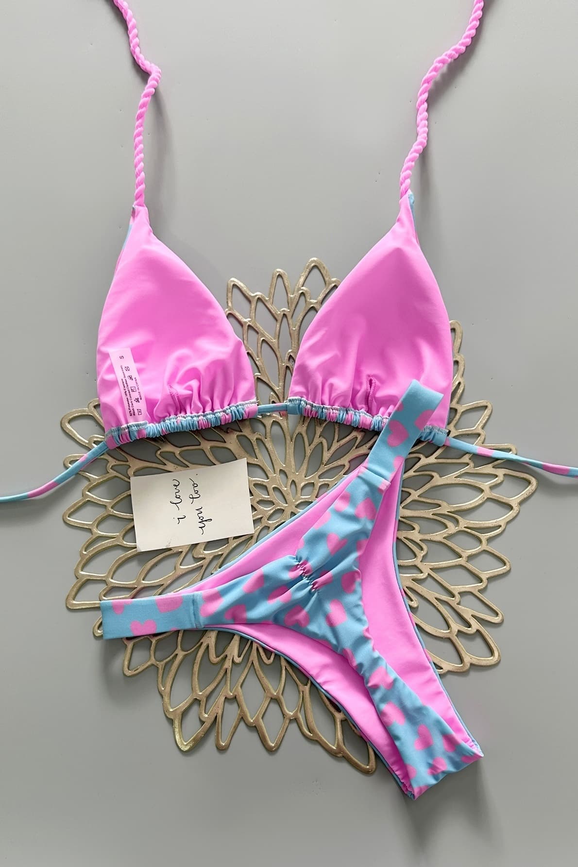 Blue Heart-Print Backless Bikini Set