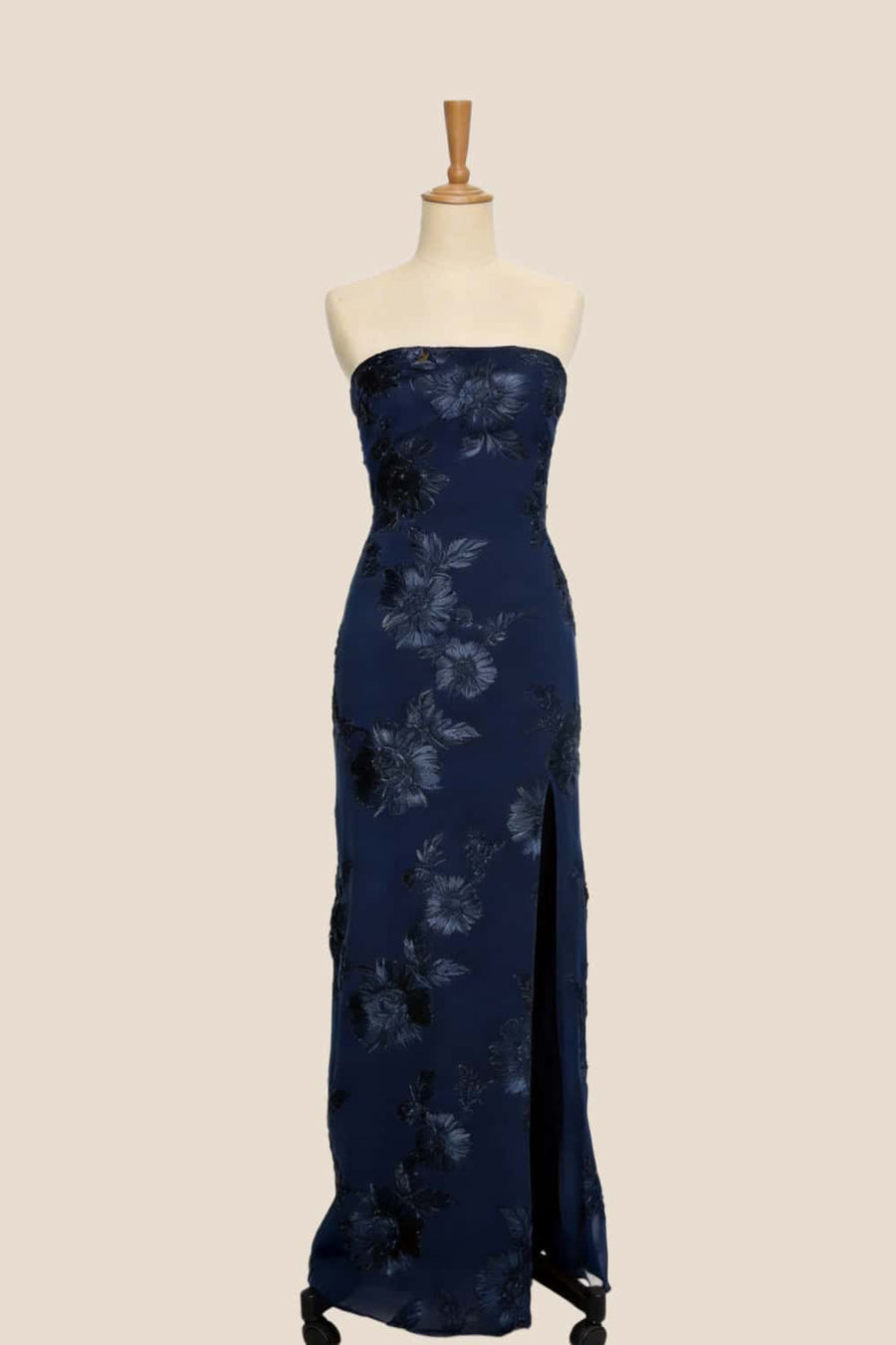 Navy Blue Jacquard Floral Fitted Long Dress