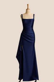 Pink Square Neck Satin Frill Long Dress