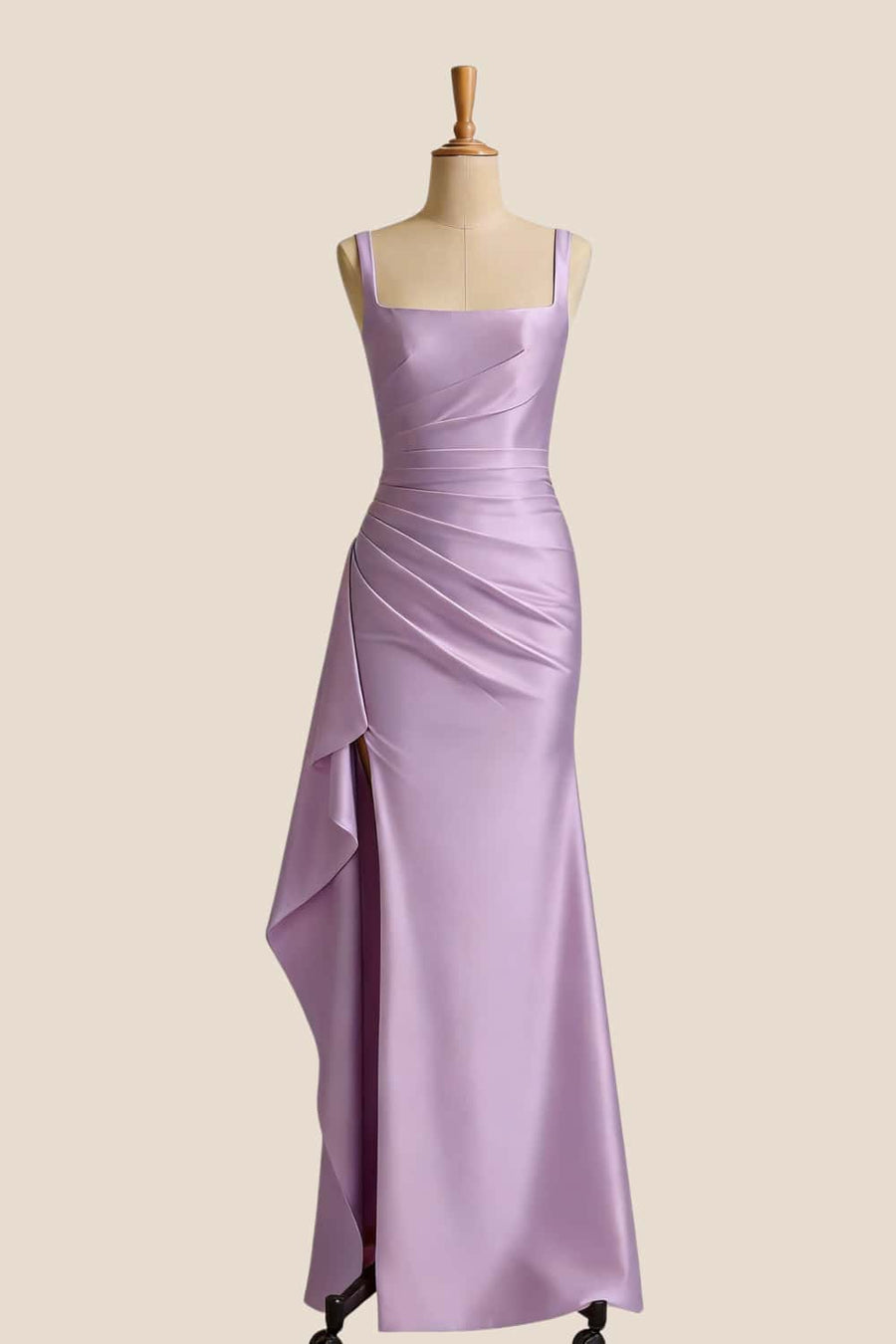 Pink Square Neck Satin Frill Long Dress
