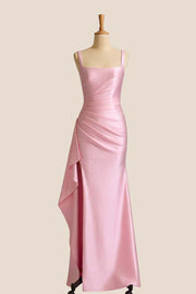 Pink Square Neck Satin Frill Long Dress