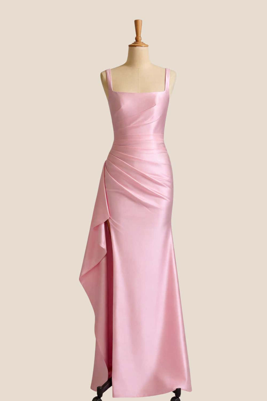 Pink Square Neck Satin Frill Long Dress