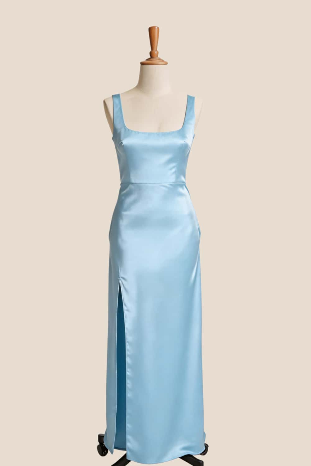 Black Satin Square Neck Fitted Long Bridesmaid Dress