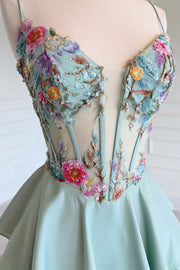 Sage Satin Tiered Ruffle Embroidered Long Dress