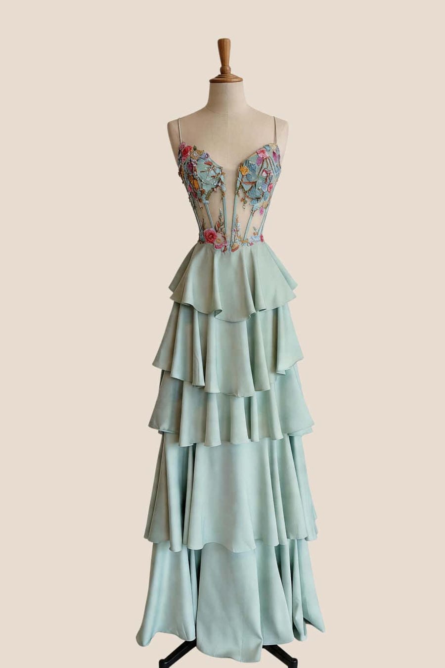 Sage Satin Tiered Ruffle Embroidered Long Dress