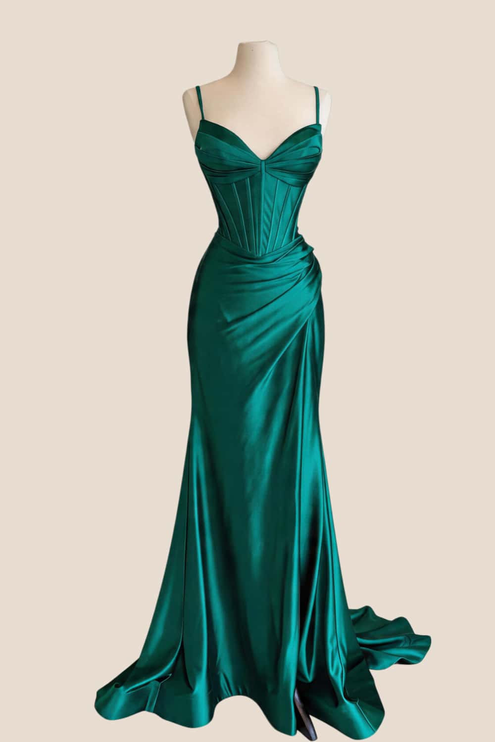 Green Satin Straps Ruched Mermaid Long Dress