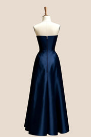 Strapless Navy Blue Satin A-line Bridesmaid Dress