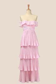 Off the Shoulder Pink Pleated Maxi Dress