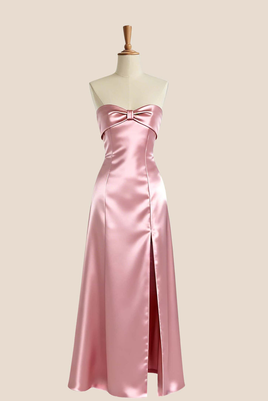 Pink Satin Knot A-line Long Bridesmaid Dress
