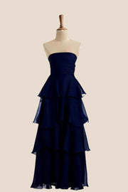 Blue Strapless A-line Ruffle Maxi Dress