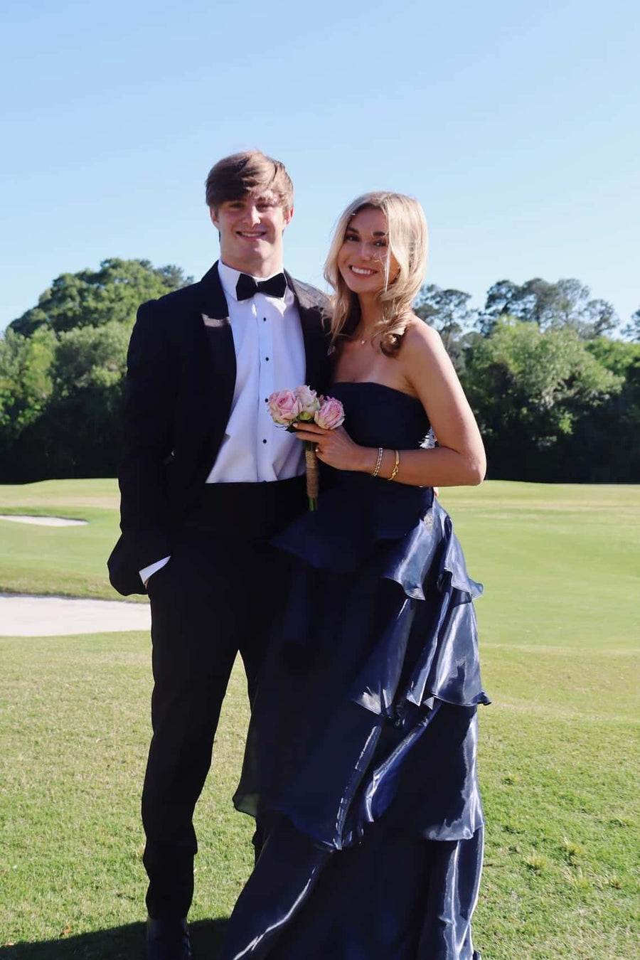 Blue Strapless A-line Ruffle Maxi Dress