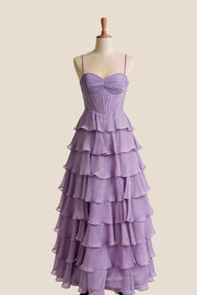 Straps Blue Chiffon Ruffle A-line Prom Dress