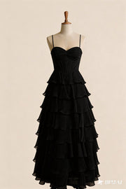 Straps Blue Chiffon Ruffle A-line Prom Dress