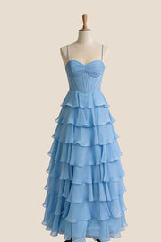Straps Blue Chiffon Ruffle A-line Prom Dress