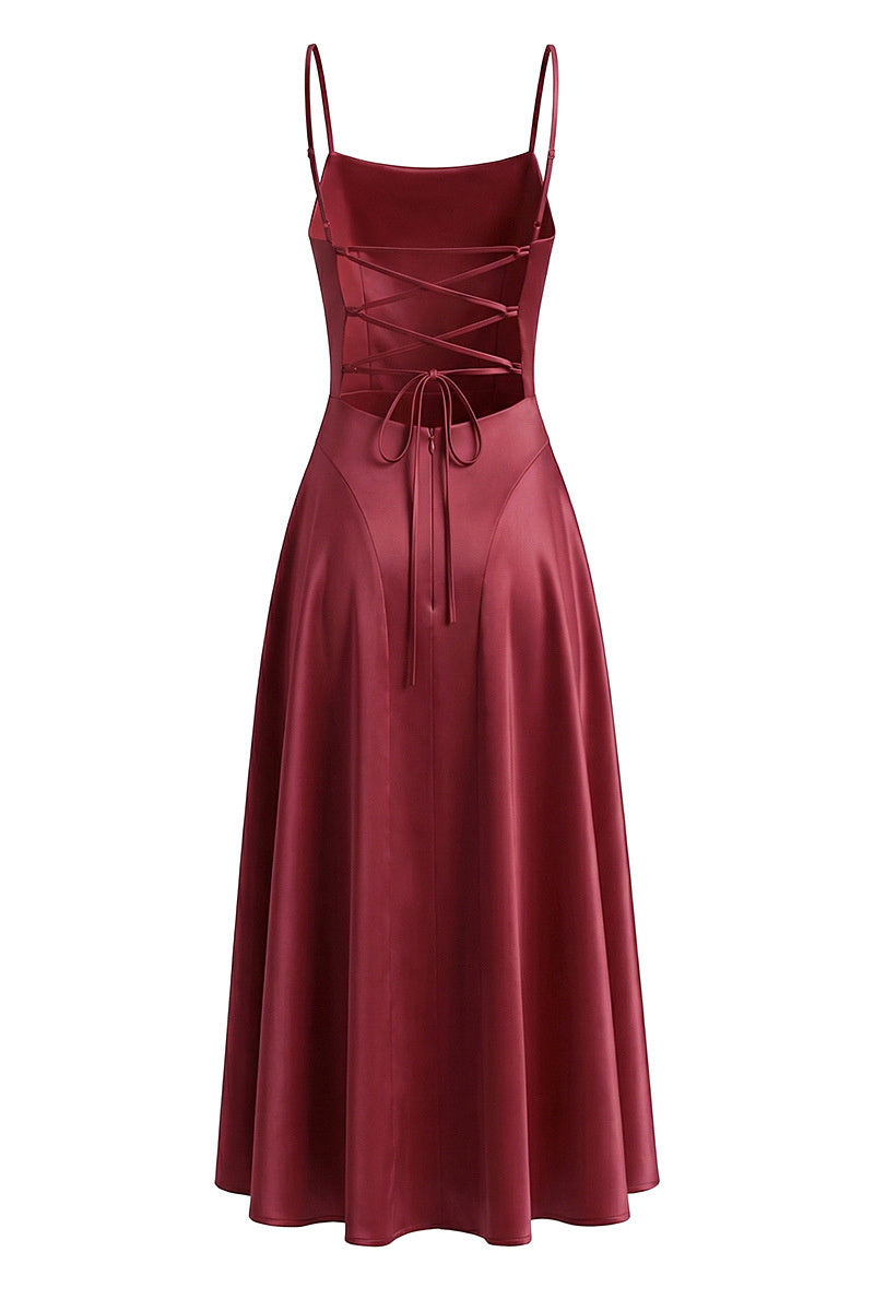 Cowl Neck Wine Red Straps Satin Long Party Dress
