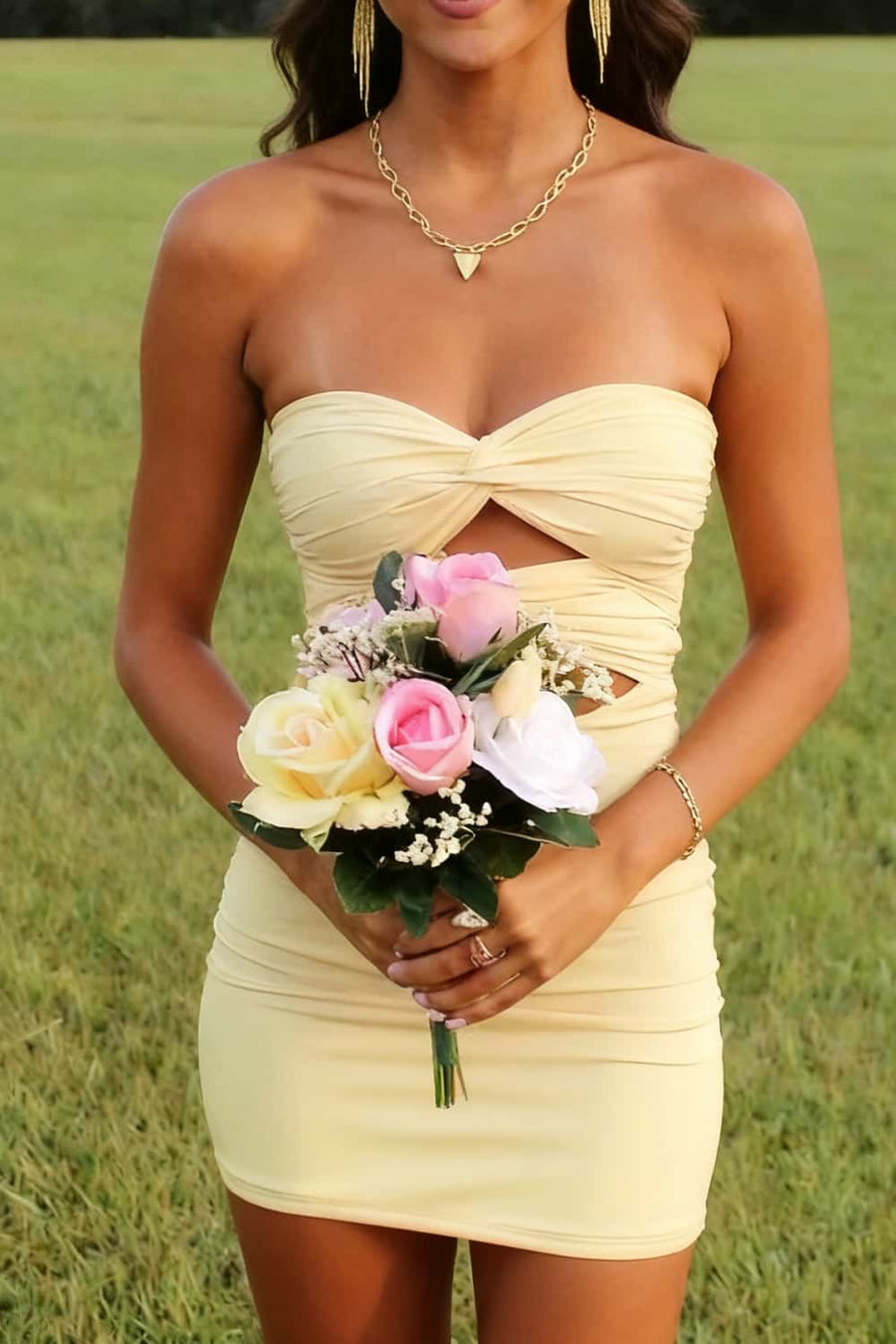Double Twists Yellow Bodycon Mini Dress  Ohmollydress