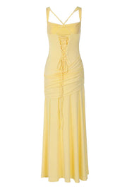 Yellow Straps Ruched Long Dress with Cross Back
