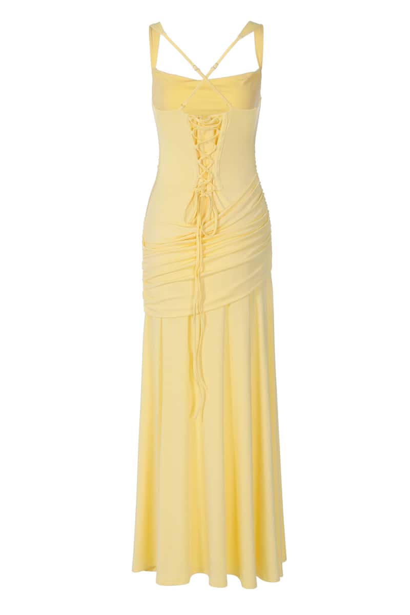 Yellow Straps Ruched Long Dress with Cross Back