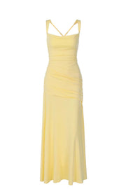 Yellow Straps Ruched Long Dress with Cross Back