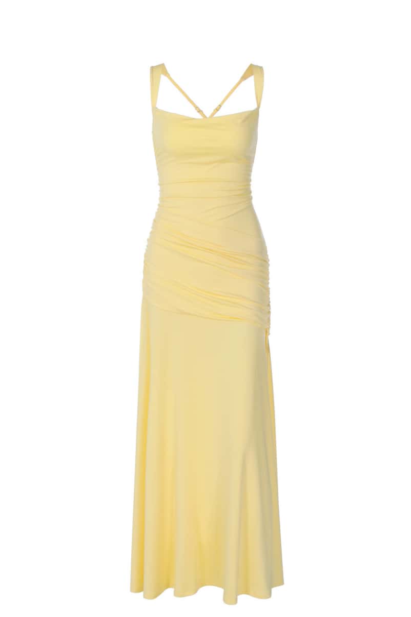 Yellow Straps Ruched Long Dress with Cross Back