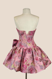 Floral Strapless A-line Short Dress with Bow