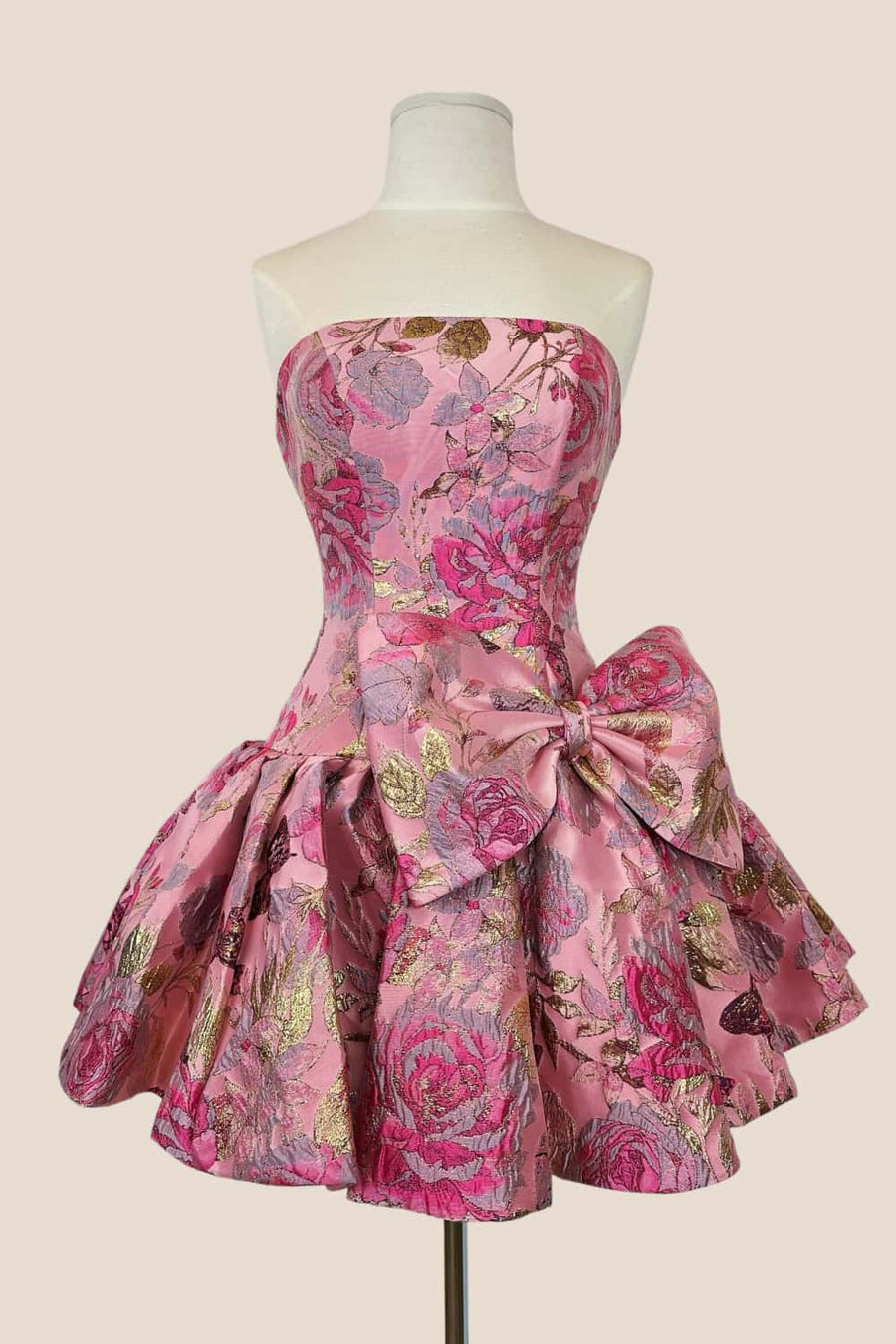 Floral Strapless A-line Short Dress with Bow