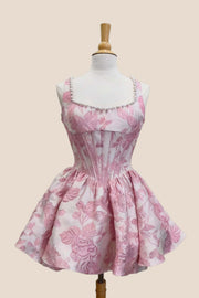 Pearls Neck Pink Floral A-line Short Dress