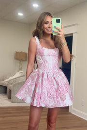 Pearls Neck Pink Floral A-line Short Dress