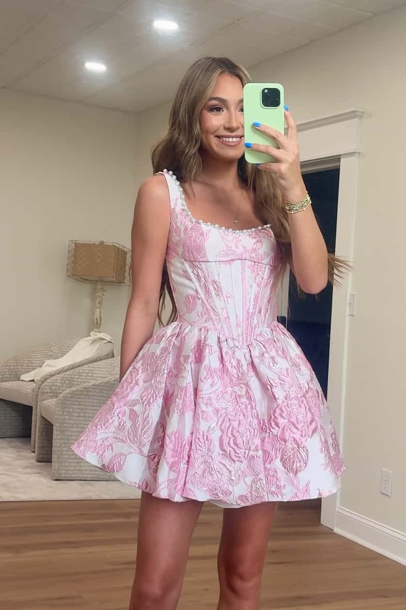 Pearls Neck Pink Floral A-line Short Dress