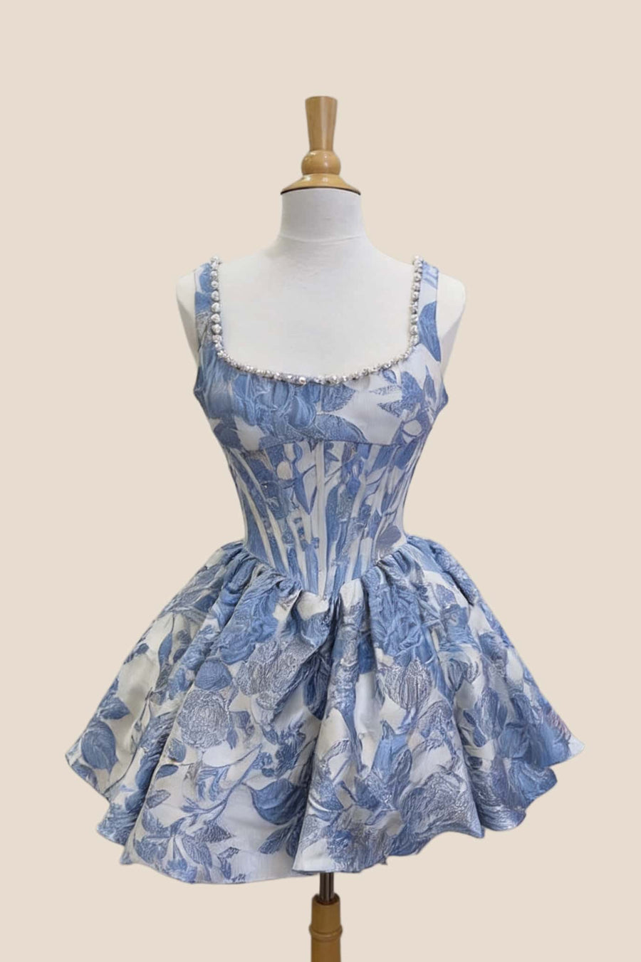 Pearls Neck Pink Floral A-line Short Dress