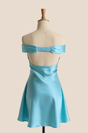 Off the Shoulder Aqua A-line Short Dress