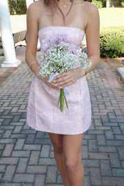 Pink Jacquard Short Dress with Lace-up Back
