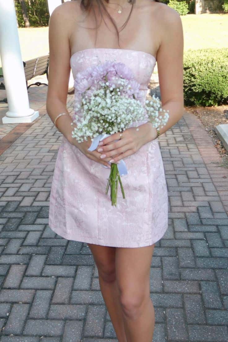 Pink Jacquard Short Dress with Lace-up Back