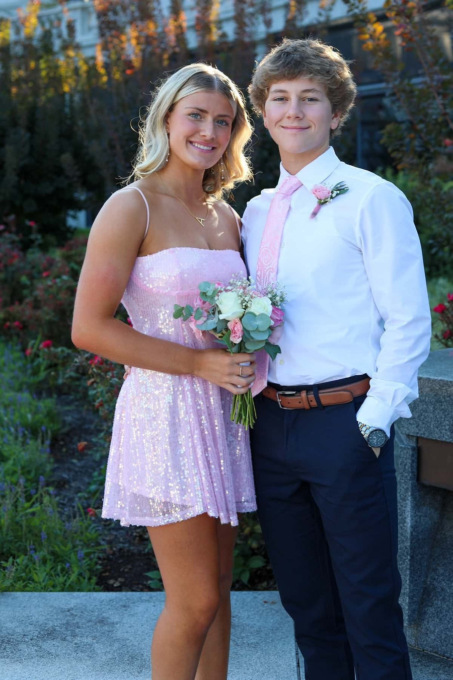Pink Sequin Straps A-line Short Dress