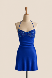 Halter Beaded Royal Blue Short Dress