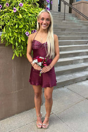 Halter Beaded Burgundy Short Dress
