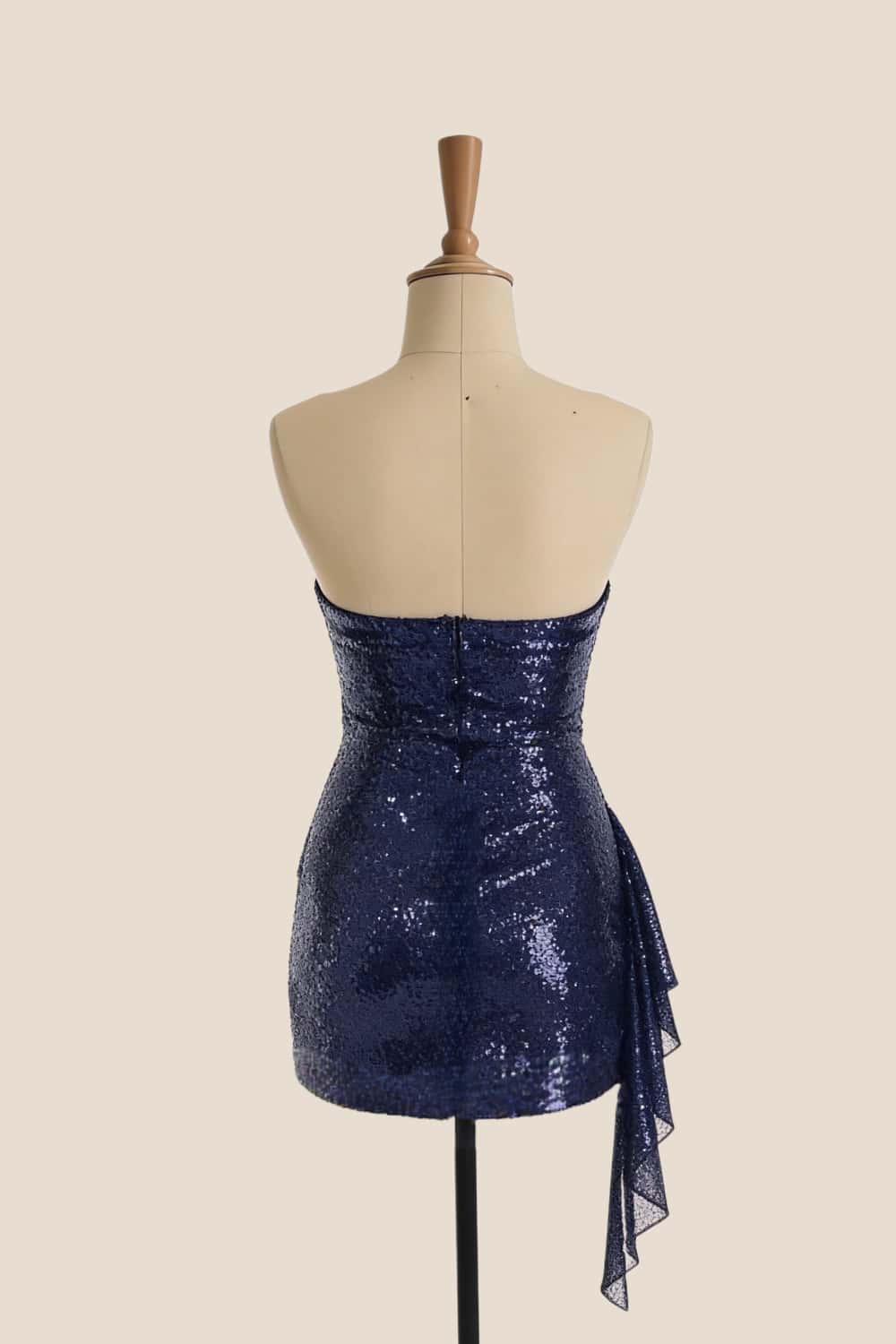 Navy Blue Sequin Tight Mini Dress with Train