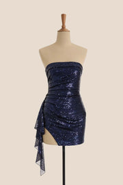Navy Blue Sequin Tight Mini Dress with Train