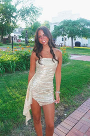 Navy Blue Sequin Tight Mini Dress with Train