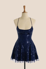 Navy Blue Sequin Scoop A-line Dress