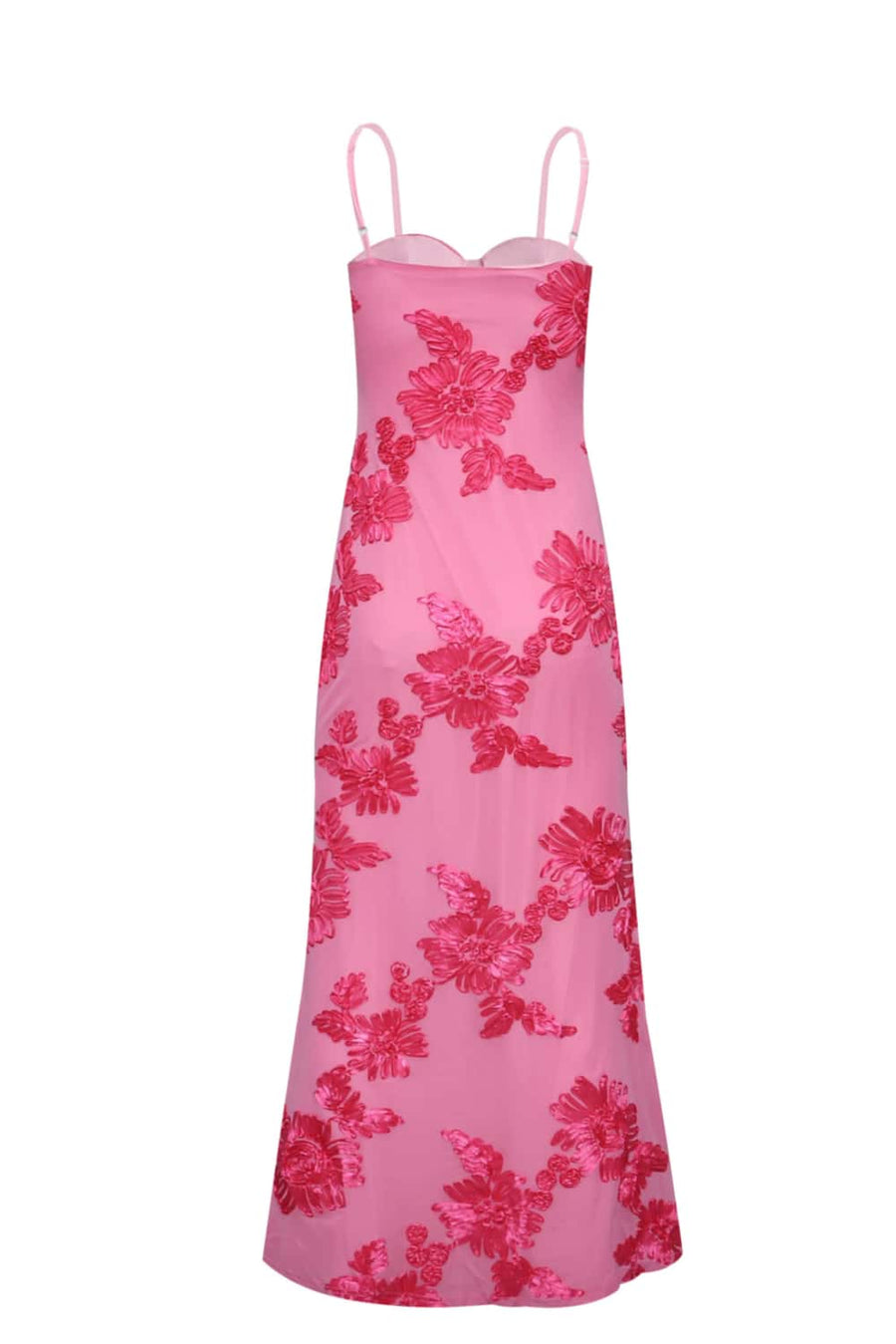 Hot Pink Floral Embroidery Straps Long Dress