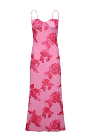 Hot Pink Floral Embroidery Straps Long Dress