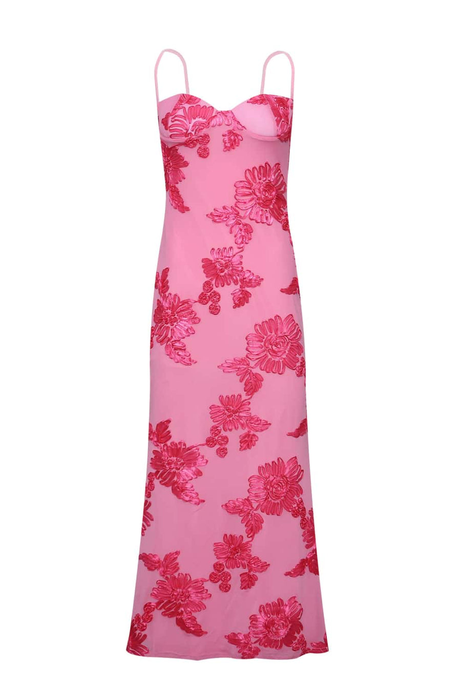 Hot Pink Floral Embroidery Straps Long Dress