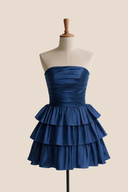 Navy Blue Strapless A-line Short Ruffle Dress
