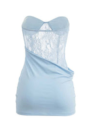 Sheer Light Blue Lace Draped Short Dress