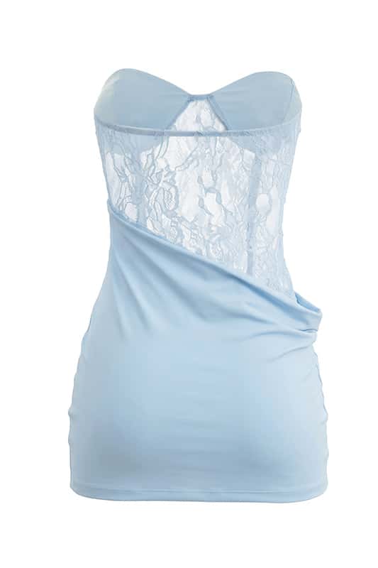 Sheer Light Blue Lace Draped Short Dress