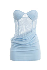 Sheer Light Blue Lace Draped Short Dress