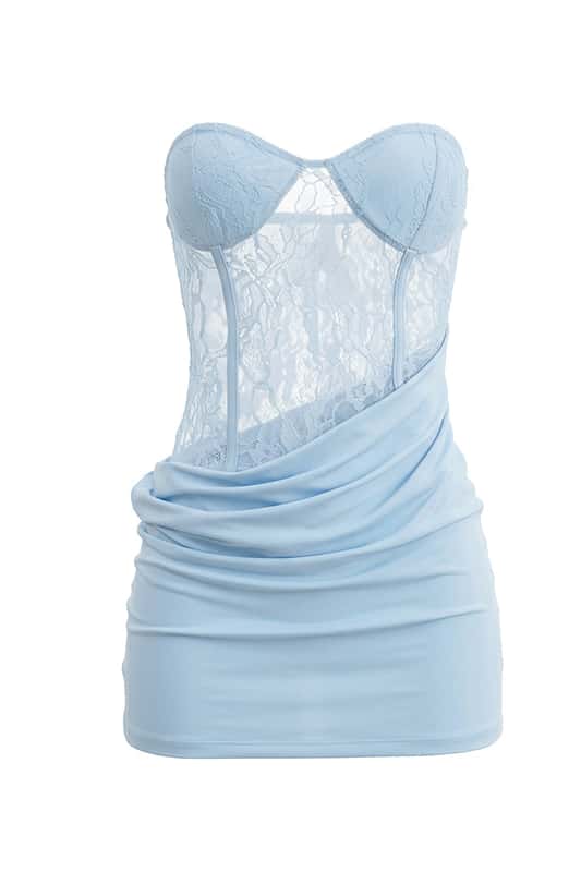 Sheer Light Blue Lace Draped Short Dress
